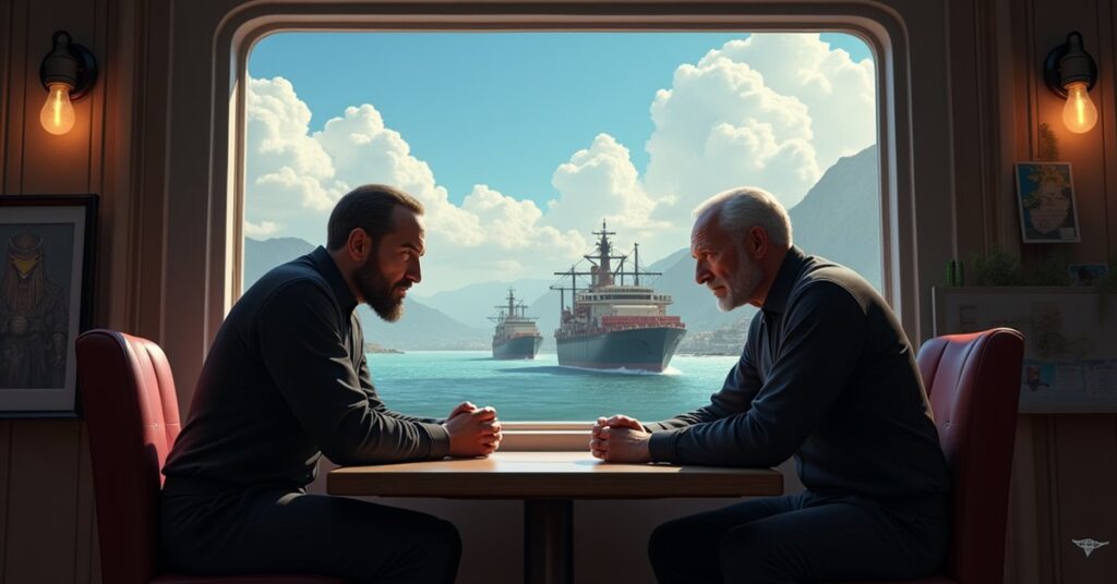 Two Romulan brothers arguing in a shipping office in Star Trek Fleet Command