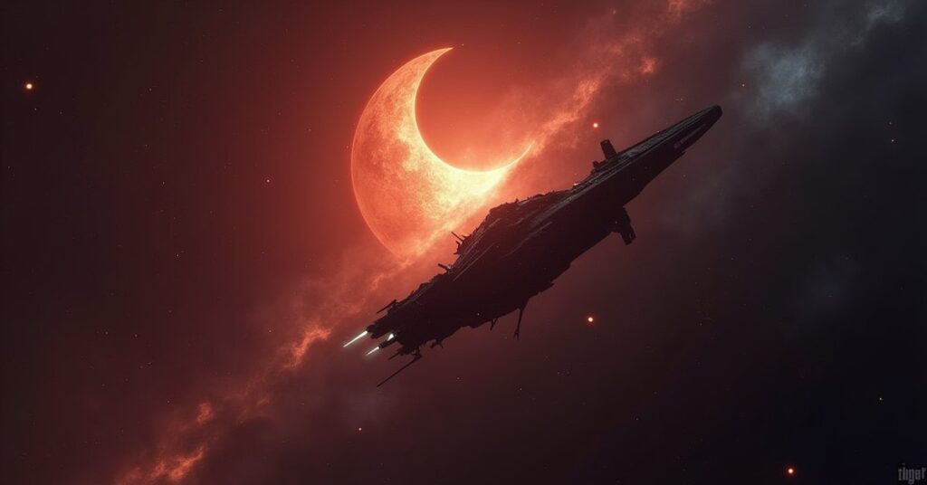 A damaged starship facing a shadowy vessel in a dark nebula in Star Trek Fleet Command