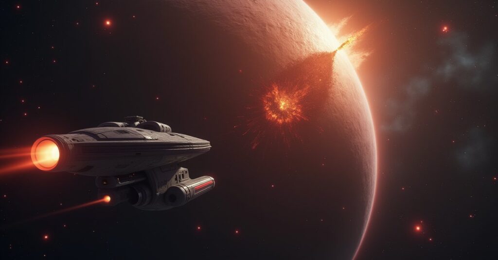 A starship facing a Starfleet vessel beside an alien Crucible in Star Trek Fleet Command