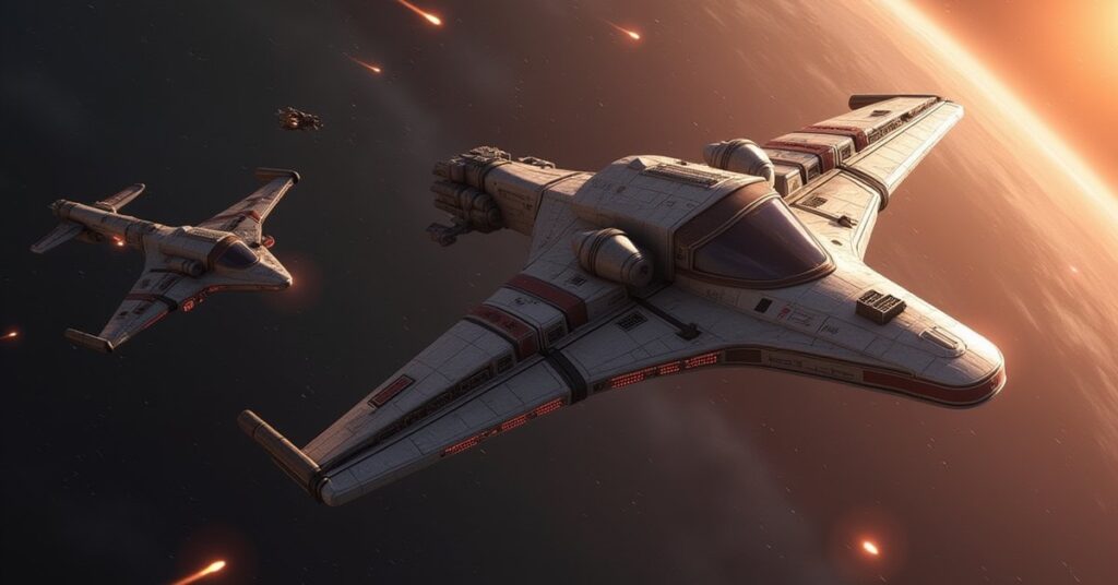 A Romulan warbird escaping a Starfleet research lab as a Klingon ship pursues in Star Trek Fleet Command