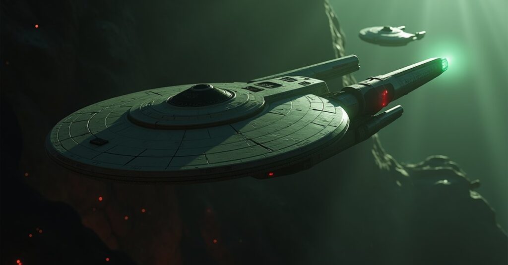 A disguised starship slipping past a Romulan scout ship in Star Trek Fleet Command