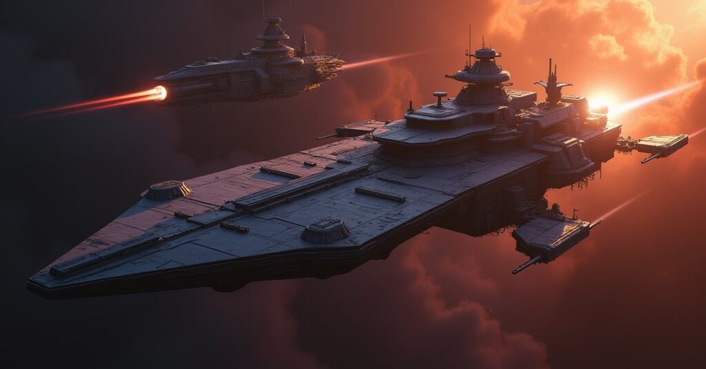A starship meeting a mercenary flagship as another vessel moves to attack in Star Trek Fleet Command