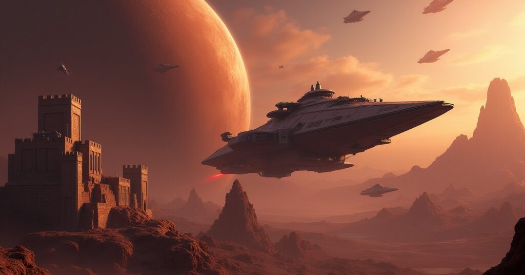 A Klingon fleet attacking a separatist base in Star Trek Fleet Command
