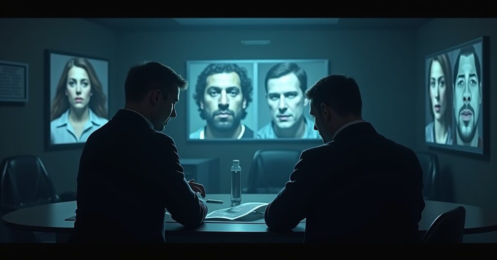 A detective and a starship commander study a glowing toxin scan beside holograms of three suspects