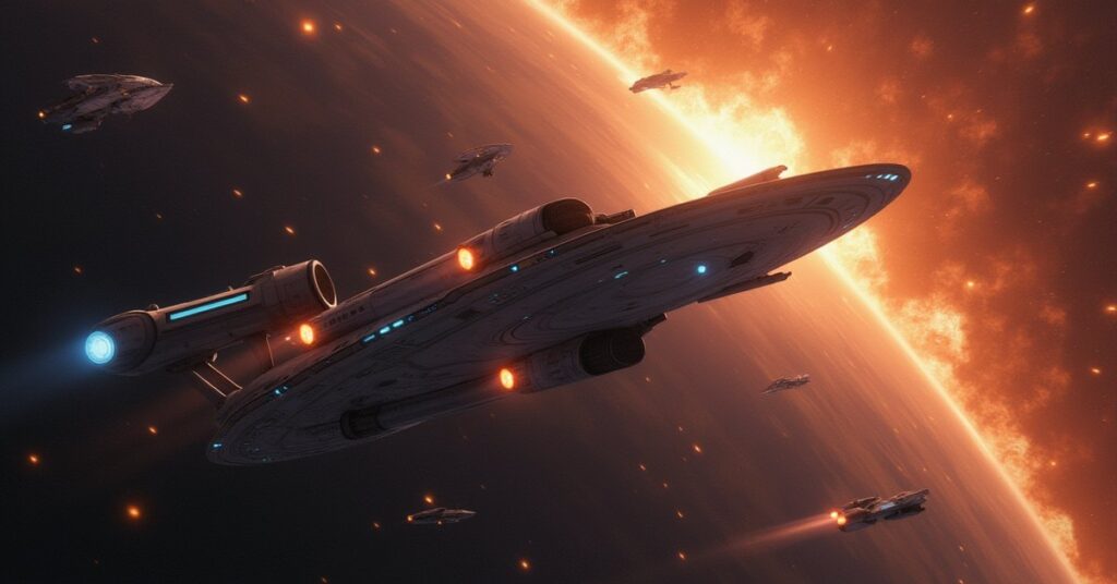 A united fleet holds off Node ships so the Defiant can escape