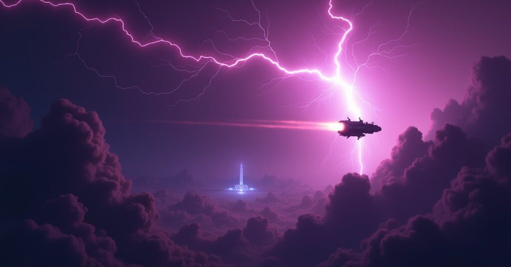 A starship pushing through a crackling plasma storm toward a stranded vessel
