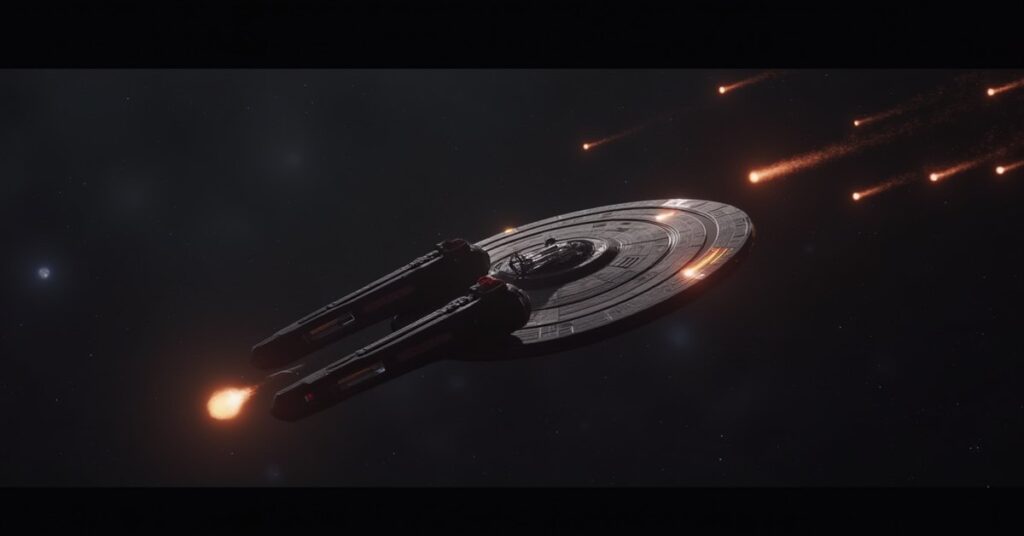 A starship defending Deep Space Nine above Bajor from pirate and mercenary raiders