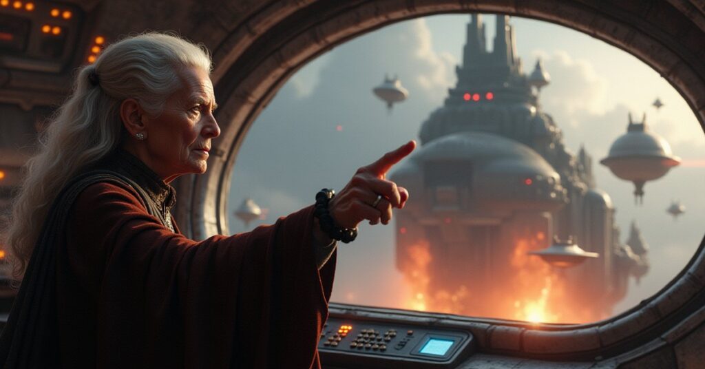 An elderly Klingon woman on a starship bridge confronting a warlord's ship in Star Trek Fleet Command