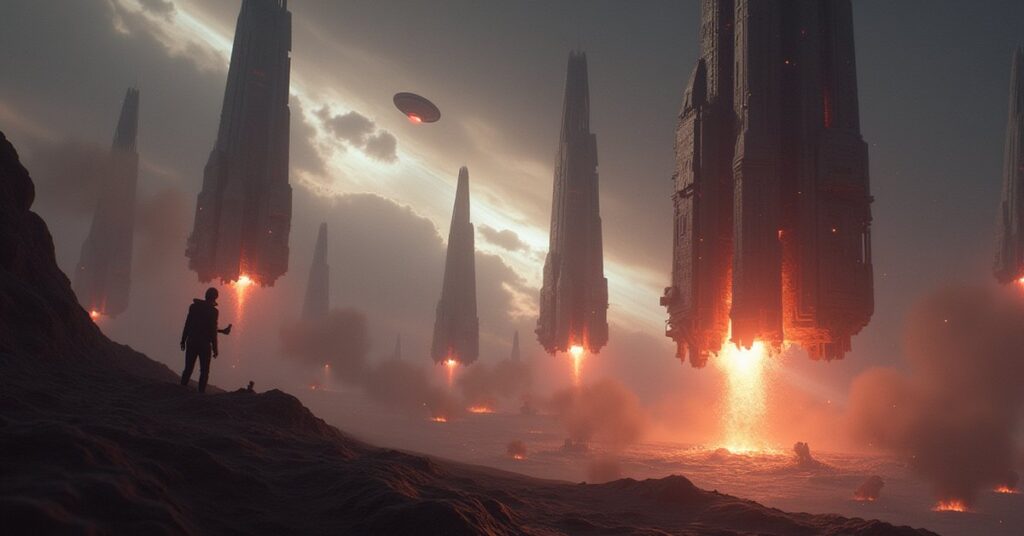 A lone starship firing on towering alien vessels above a colony planet in Star Trek Fleet Command