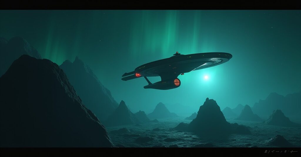 Star Trek Fleet Command ship approaching a hidden Vulcan base near a Romulan colony in deep space