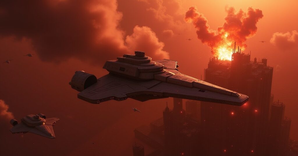 A Federation starship bombarding a Klingon factory world in Star Trek Fleet Command