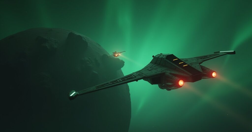 A Romulan warbird leading a starship toward an outpost on a rocky moon in Star Trek Fleet Command