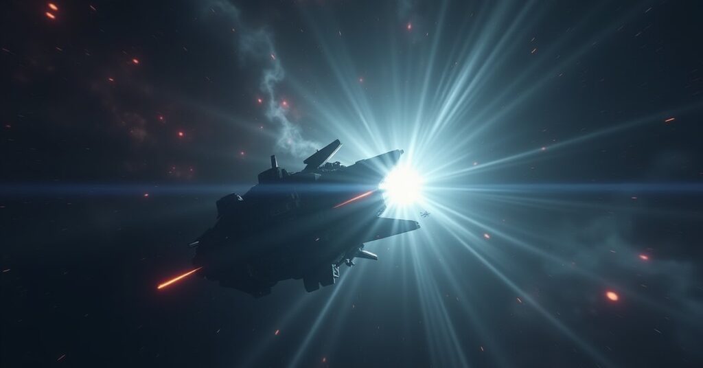 A pale ghostly starship facing a challenger in a nebula in Star Trek Fleet Command