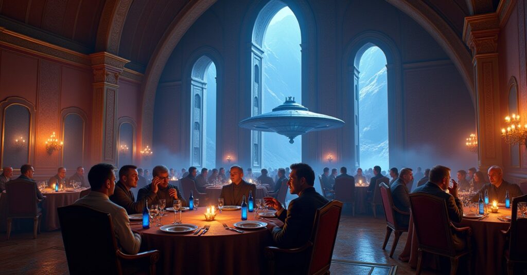 A lavish Romulan banquet hall with a warship outside in Star Trek Fleet Command