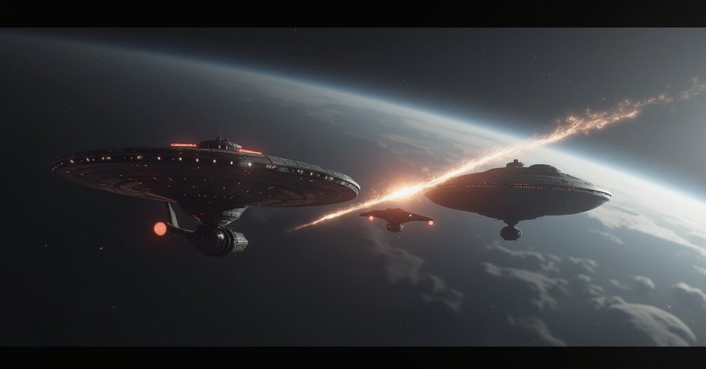 A Klingon warship fighting two Starfleet ships above a gray planet in Star Trek Fleet Command