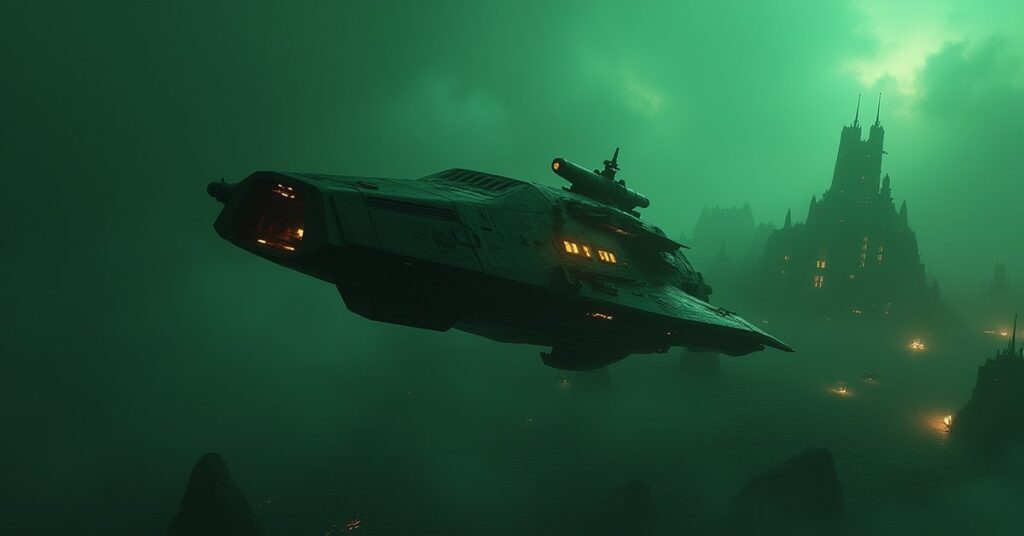 A Corvallen ship diving toward a Romulan armory in Star Trek Fleet Command