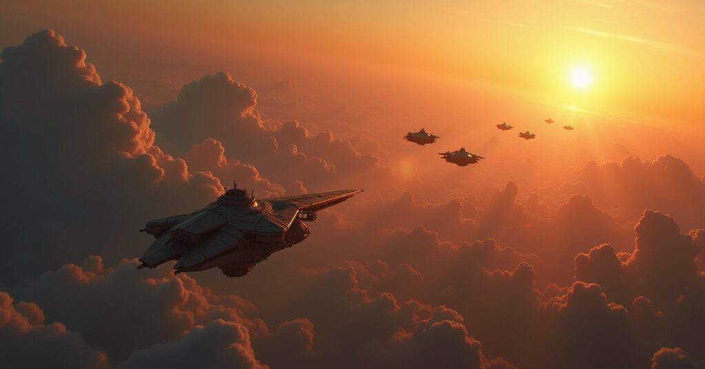 A starship leading a refugee convoy toward a green new homeworld in Star Trek Fleet Command