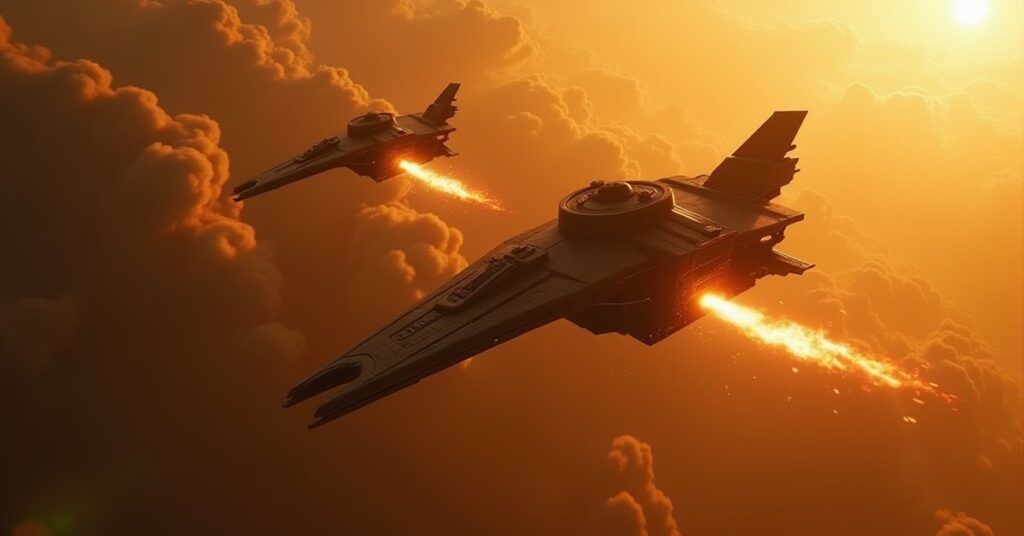 A starship battling Klingon ships above a Kriosian colony in Star Trek Fleet Command