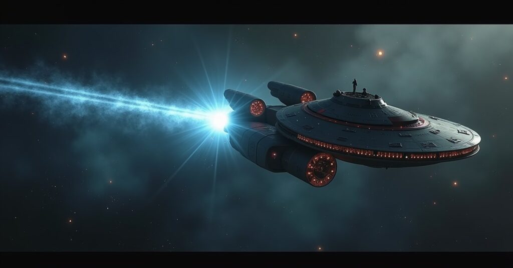 A starship protecting a damaged ally from a Borg vessel during a transporter rescue in Star Trek Fleet Command