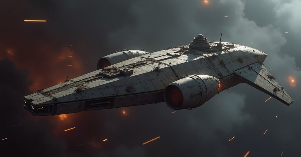 A strange alien ship attacking a Starfleet cruiser beside a colonist wreck in Star Trek Fleet Command