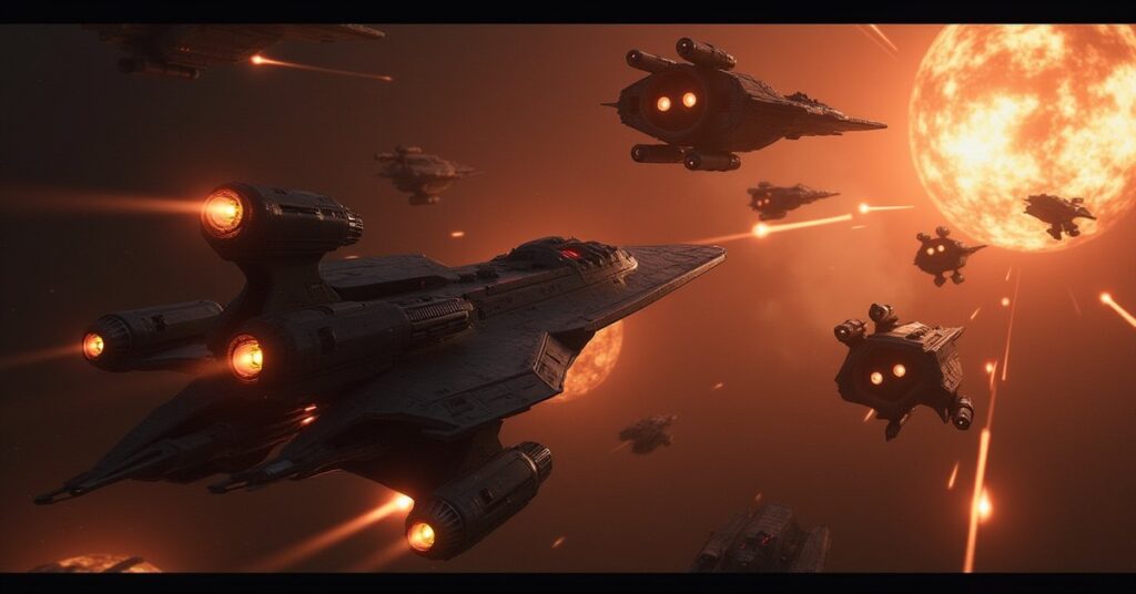 Klingon warships charging into a battle against Starfleet vessels in Star Trek Fleet Command