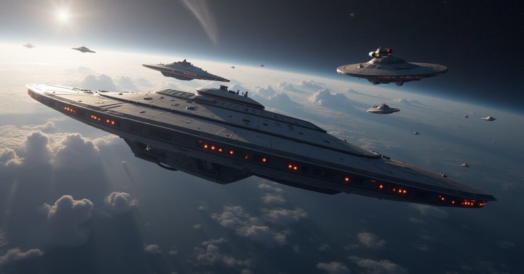 A Starfleet training vessel flying with a starship into neutral space in Star Trek Fleet Command
