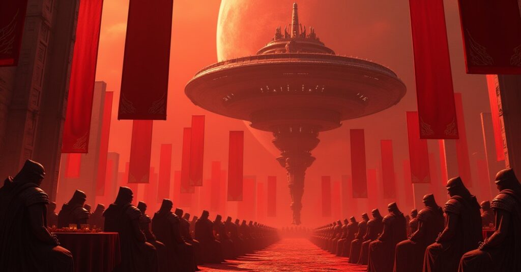 Klingon warships gathering above a red planet for a victory feast in Star Trek Fleet Command