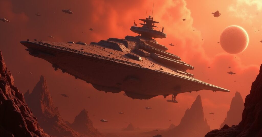 A Klingon battlecruiser caught in an ambush above a red world in Star Trek Fleet Command
