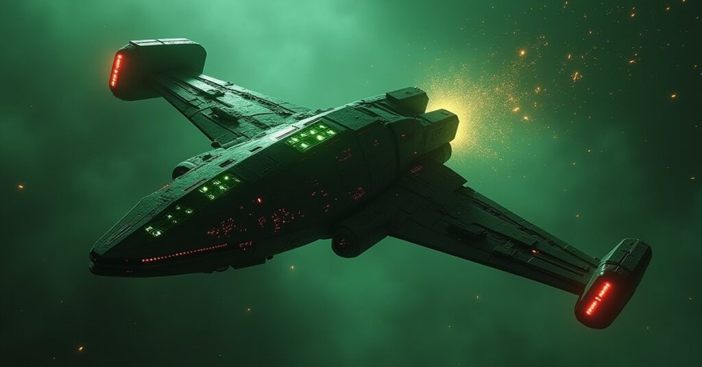 A Romulan warbird attacking a ship fitted with Borg technology in Star Trek Fleet Command
