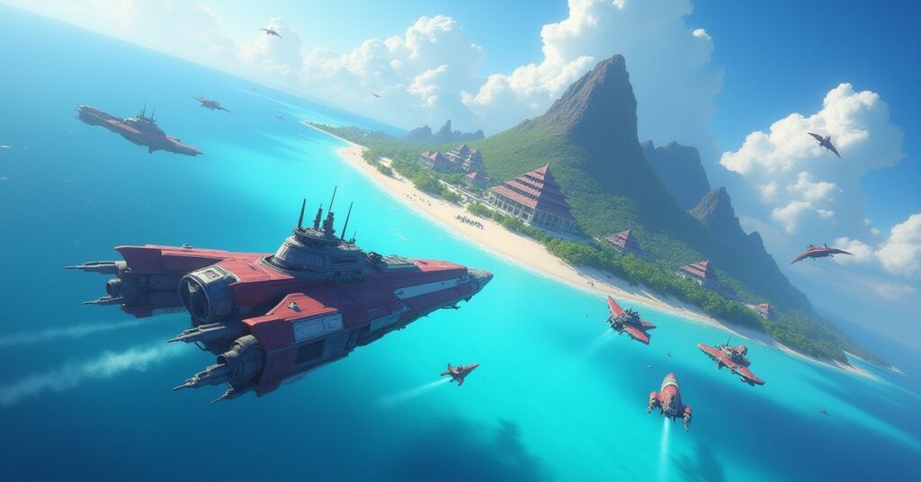 A small starship defending a tropical resort planet from pirate ships in Star Trek Fleet Command