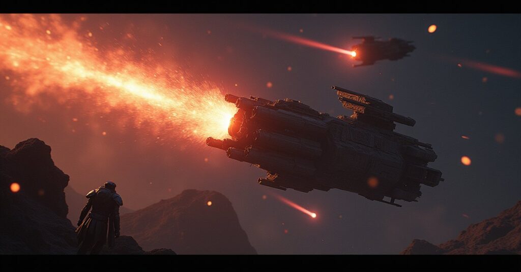 A Hirogen hunter ship caught in a glowing energy trap as two starships close in