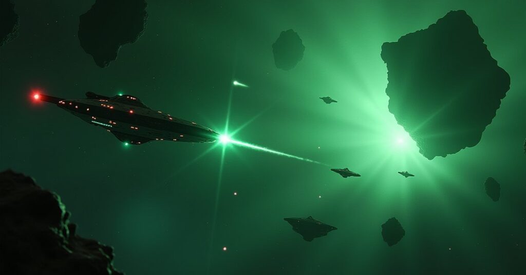 A starship defending a hidden asteroid base from Romulan warships in Star Trek Fleet Command