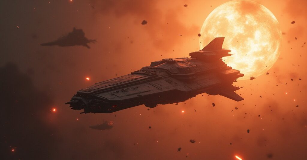 A starship destroying the last alien ship among wreckage in Star Trek Fleet Command