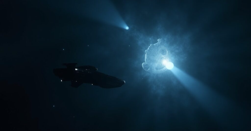 Lone starship approaching a glowing Progenitor artifact in a dark nebula