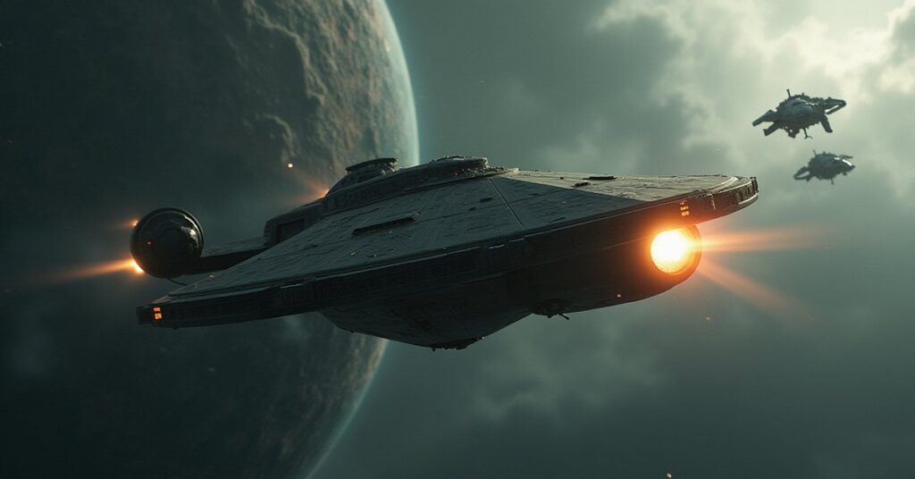 A Romulan starship fights its way out of an ambush by two dark warships above a stormy planet
