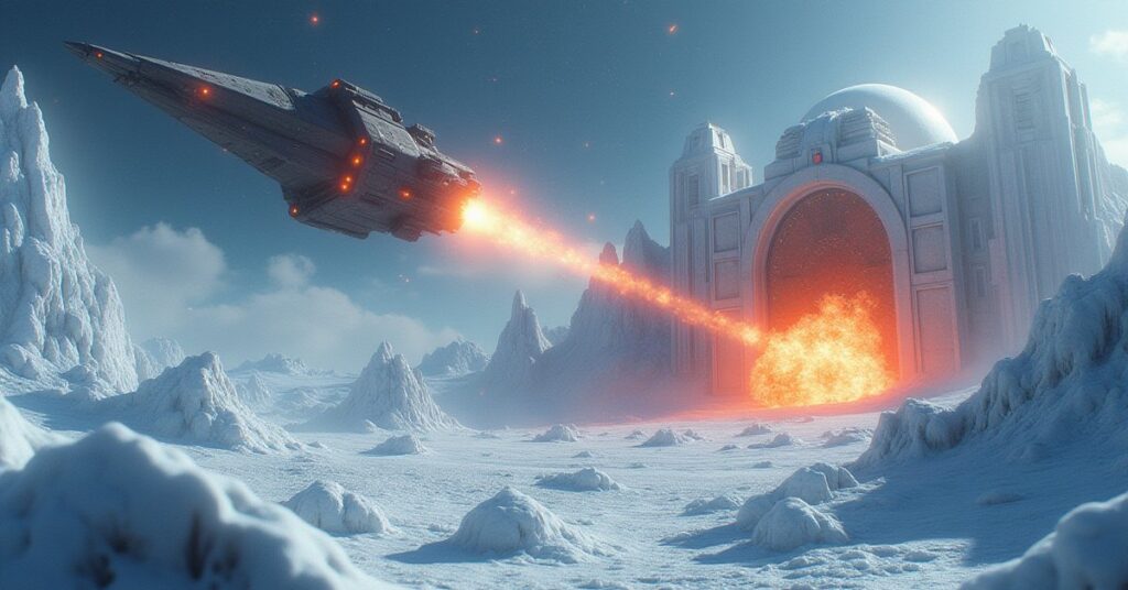 A starship bombarding a hidden lab on a frozen moon in Star Trek Fleet Command