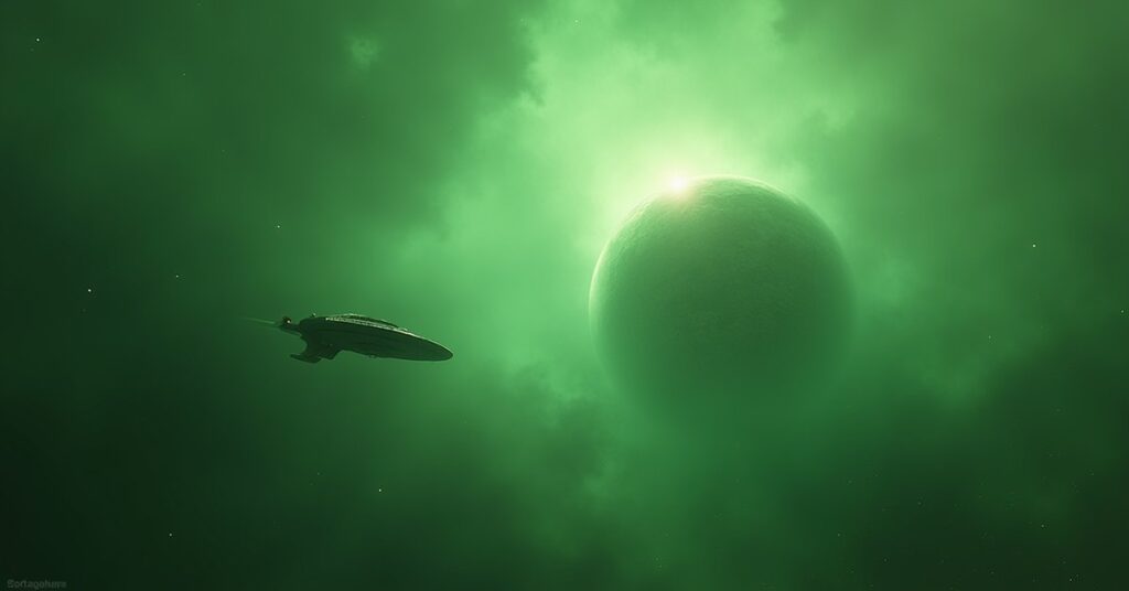 A starship intercepting a Romulan Tal Shiar ship near a hidden green colony world in Star Trek Fleet Command