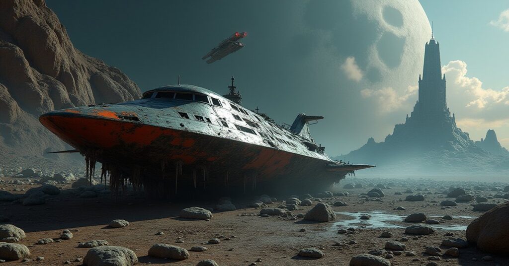 A Federation ship scanning a crashed alien starship on a rocky moon with a Rogue-space auction station beyond