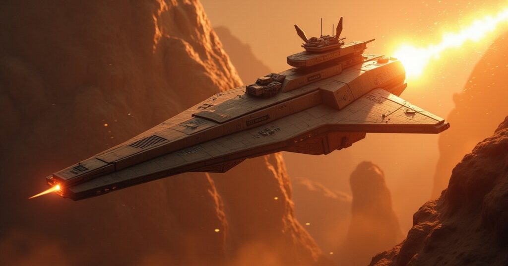 A Klingon warship ambushing a fleeing ship in a rocky system in Star Trek Fleet Command