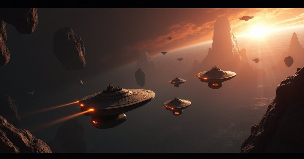 A starship escorts cargo freighters past attacking scavengers toward Deep Space Nine in Star Trek Fleet Command