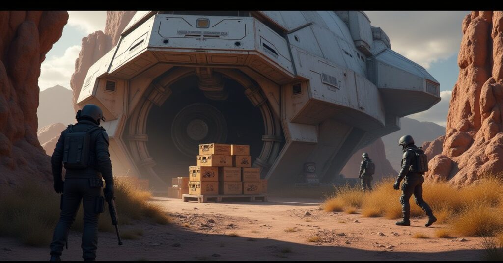 A starship loading crates of weapons at a remote outpost in Star Trek Fleet Command