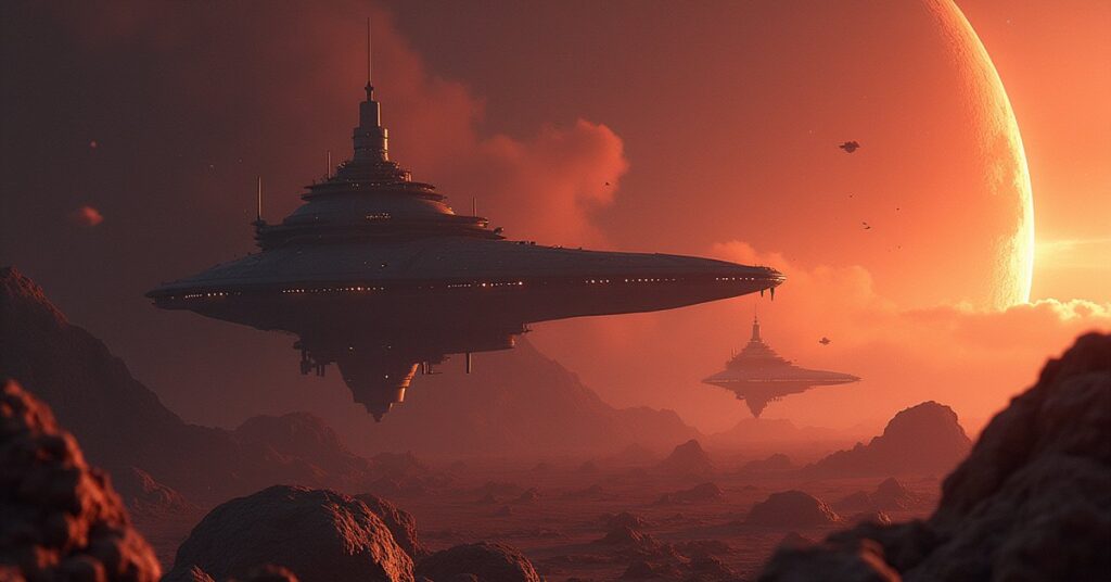 A starship protecting mining ships from raiders in an asteroid field in Star Trek Fleet Command