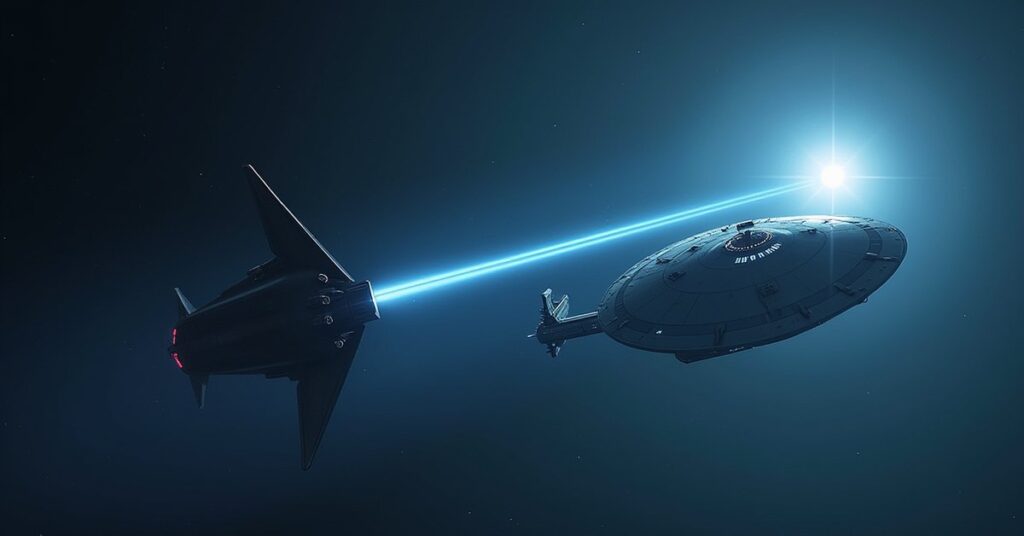 A Federation starship facing a dark alien warship near a pale blue star in Star Trek Fleet Command