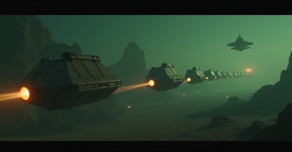 A starship escorting refugee transports toward a green colony planet in Star Trek Fleet Command