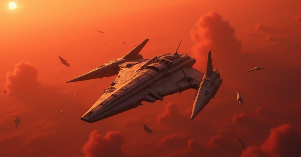 A damaged starship escaping a field of Klingon wreckage above a red planet in Star Trek Fleet Command