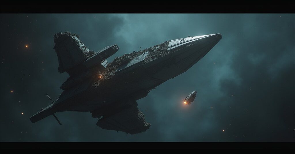 A starship searching the wreck of a Romulan station for survivors in Star Trek Fleet Command