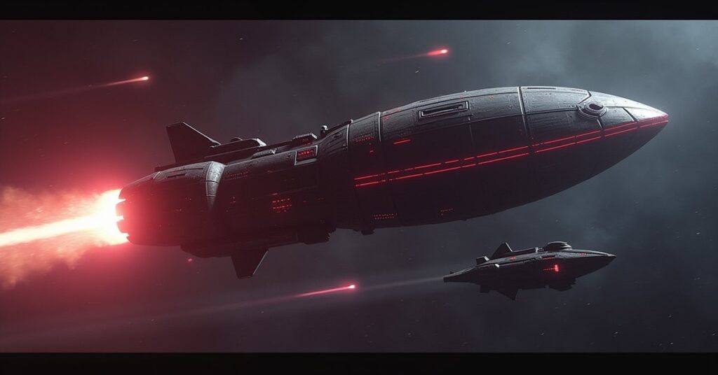 A starship between a fleeing Romulan ship and an assassin's vessel in Star Trek Fleet Command