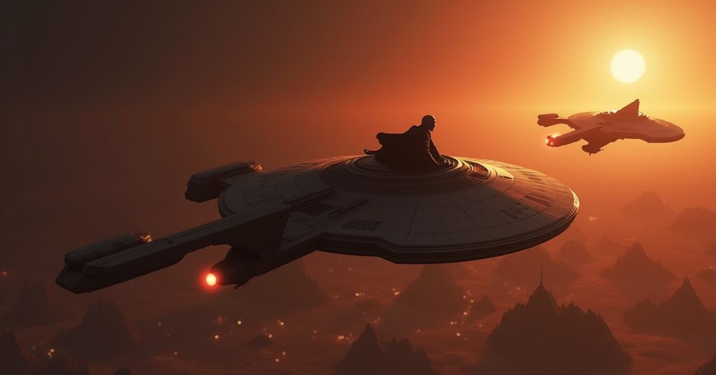 A starship near Romulus as a Tal Shiar warbird decloaks behind it in Star Trek Fleet Command