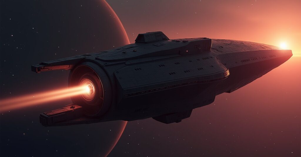 A starship carrying a funeral capsule toward a Klingon world in Star Trek Fleet Command
