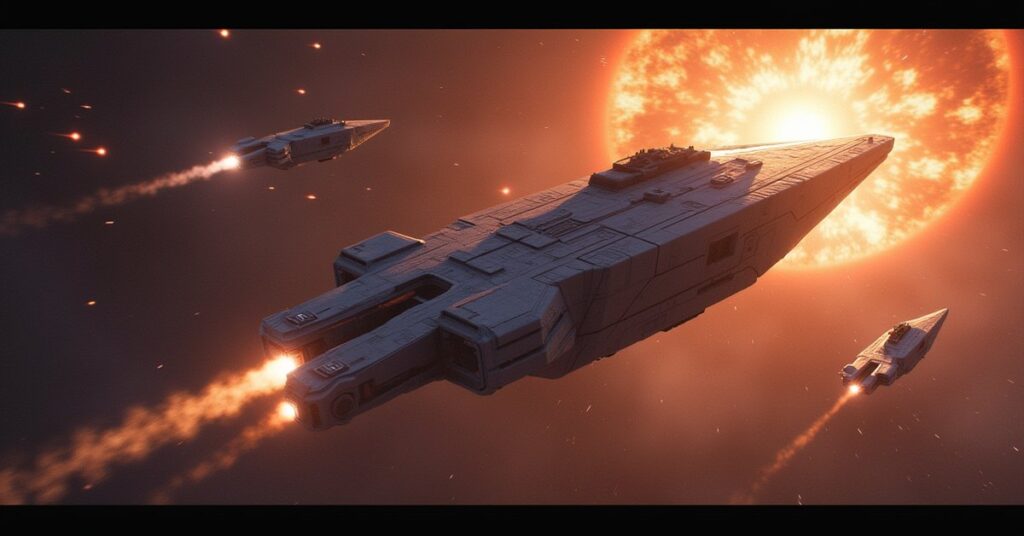 A starship defending a starbase from Nausicaan raiders in Star Trek Fleet Command